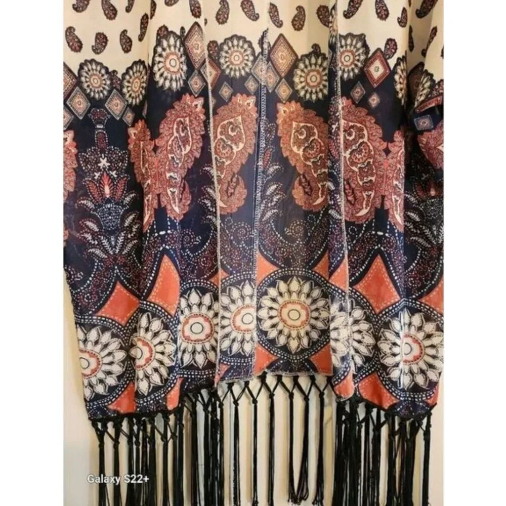 C25 Rue21 Navy, Coral & Cream Paisley & Butterfly Open Front Kimono- Fringed - Picture 6 of 10